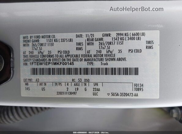 1FTEW1EP1MKF00145 2021 FORD F150 Gray Շարժիչի բաժամունքի տեսք