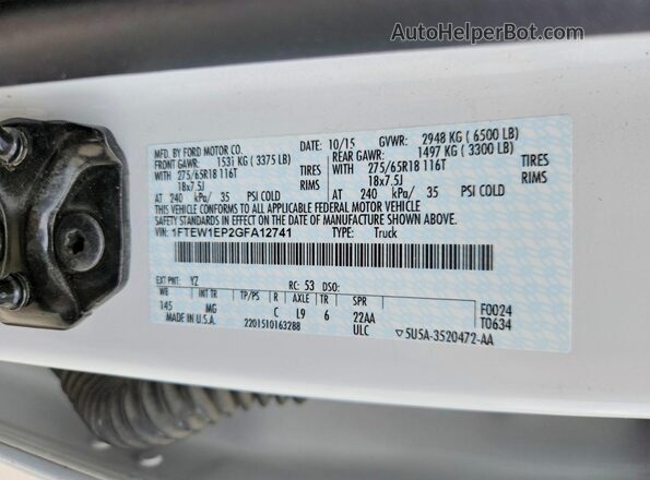 1FTEW1EP2GFA12741 2016 FORD F150 White Vista del compartimento del motor