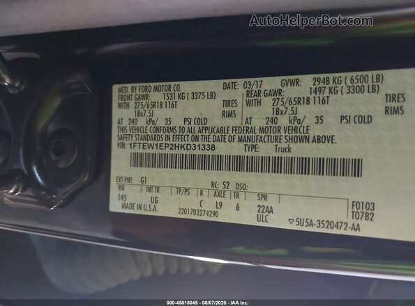 1FTEW1EP2HKD31338 2017 FORD F150 Black ძრავის განყოფილების ხედი