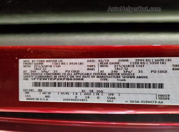 1FTEW1EP2KFB63068 2019 FORD F150 Red Вид підкапотного простору