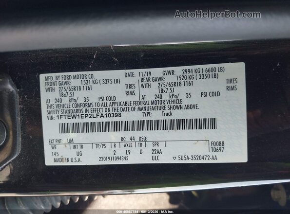1FTEW1EP2LFA10398 2020 FORD F150 Black Widok komory silnika