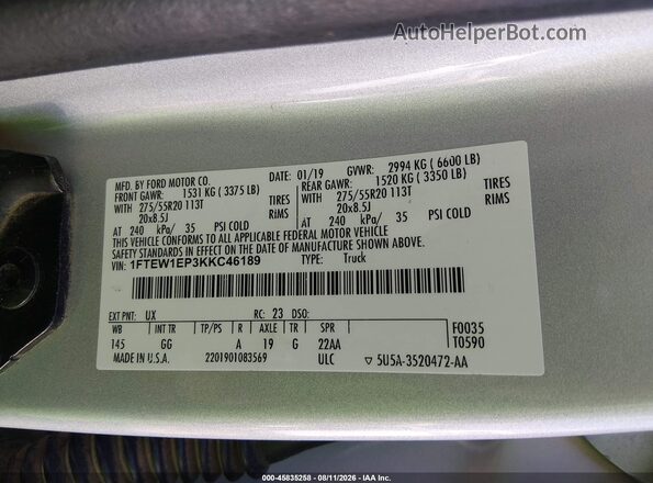 1FTEW1EP3KKC46189 2019 FORD F150 Серебряный Вид подкапотного пространства
