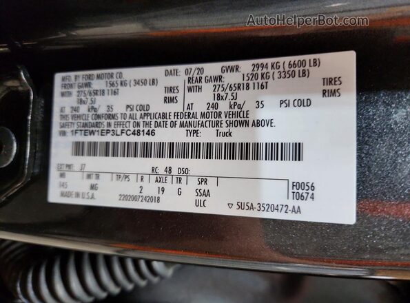 1FTEW1EP3LFC48146 2020 FORD F150 Black Вид підкапотного простору
