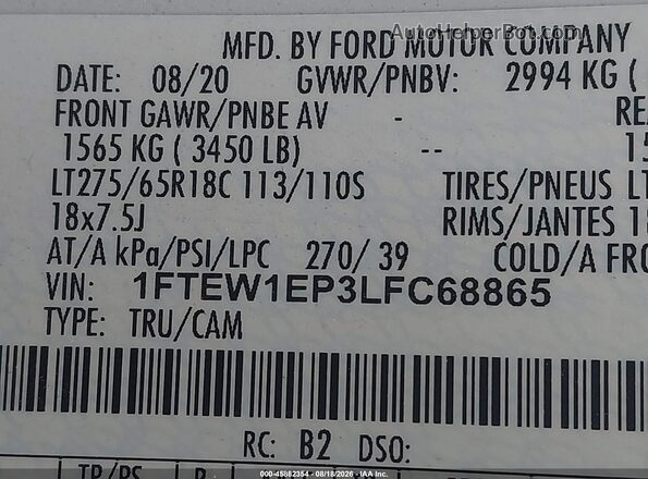 1FTEW1EP3LFC68865 2020 FORD F150 White Vista del compartimento del motor