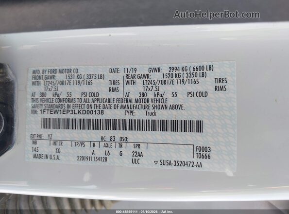 1FTEW1EP3LKD00138 2020 FORD F150 White Widok komory silnika