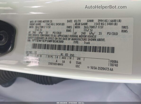 1FTEW1EP3MFB38389 2021 FORD F150 White Շարժիչի բաժամունքի տեսք