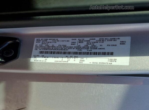 1FTEW1EP4KKD80841 2019 FORD F150 Серебряный Вид наклейки с VIN-кодом