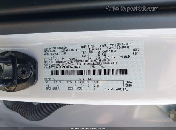 1FTEW1EP4MFA28824 2021 FORD F150 White Vista del compartimento del motor