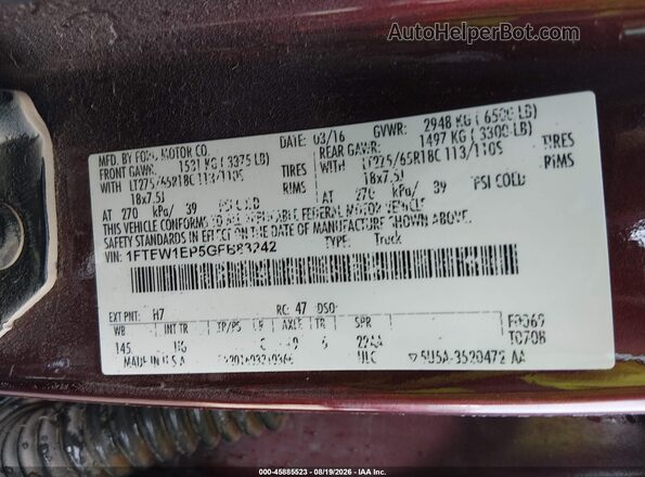 1FTEW1EP5GFB83242 2016 FORD F150 Maroon ძრავის განყოფილების ხედი
