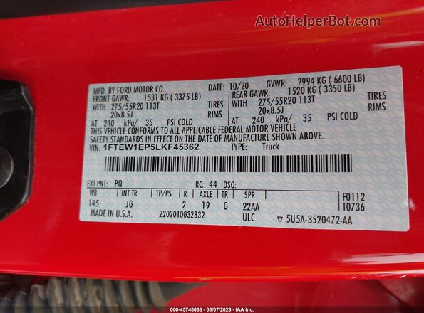 1FTEW1EP5LKF45362 2020 FORD F150 Red Widok komory silnika