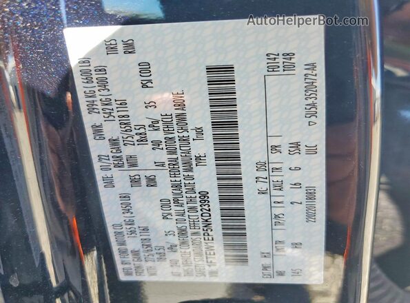 1FTEW1EP5NKD23990 2022 FORD F150 Black VIN კოდის სტიკერის ხედი
