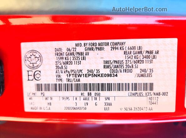 1FTEW1EP5NKE09834 2022 FORD F150 Red Вид підкапотного простору