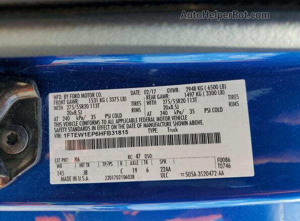1FTEW1EP6HFB31815 2017 FORD F150 Blue Вид наклейки з VIN-кодом