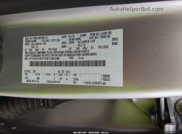 1FTEW1EP7GFC26348 2016 FORD F150 Silver Vista del compartimento del motor