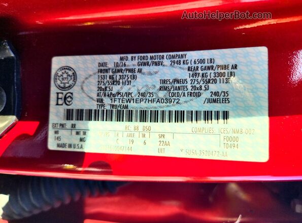 1FTEW1EP7HFA03972 2017 FORD F150 Maroon Vista del compartimento del motor