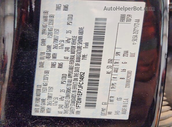 1FTEW1EP7JFC14952 2018 FORD F150 Black Շարժիչի բաժամունքի տեսք