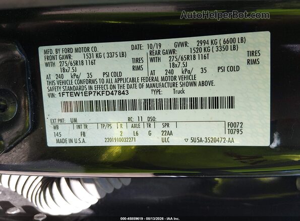 1FTEW1EP7KFD47843 2019 FORD F150 Black Widok komory silnika