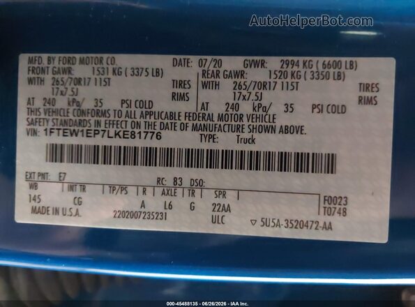 1FTEW1EP7LKE81776 2020 FORD F150 Blue Widok komory silnika