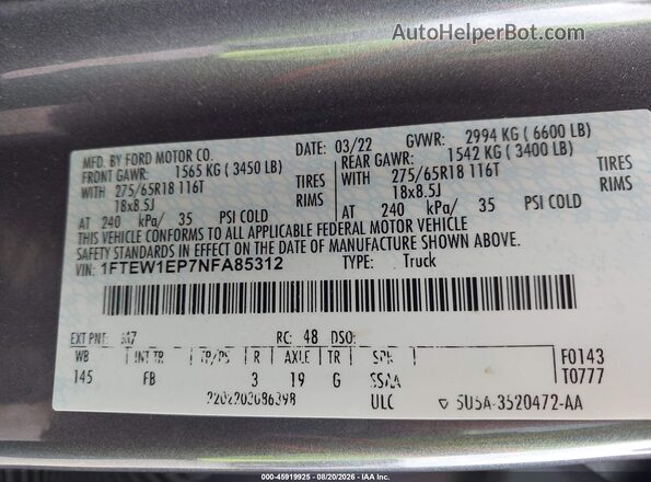 1FTEW1EP7NFA85312 2022 FORD F150 Gray Widok komory silnika
