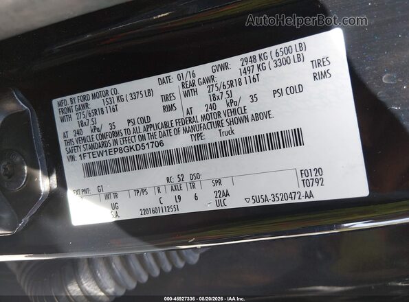 1FTEW1EP8GKD51706 2016 FORD F150 Black Вид підкапотного простору