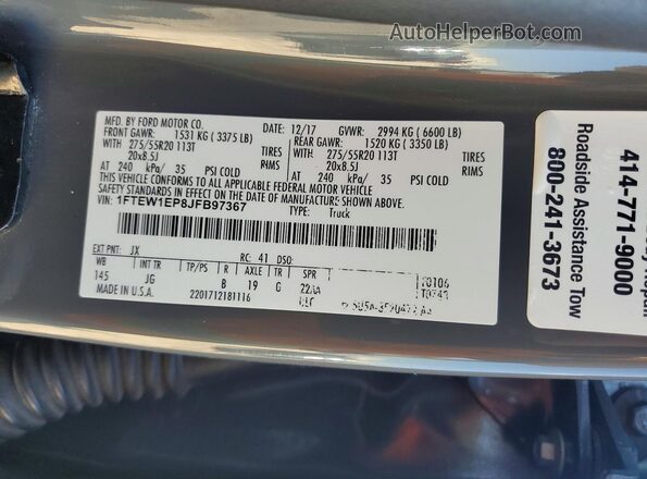1FTEW1EP8JFB97367 2018 FORD F150 Gray Vista de la etiqueta del VIN