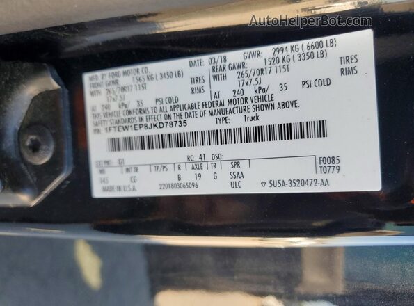1FTEW1EP8JKD78735 2018 FORD F150 Black Vista de la etiqueta del VIN