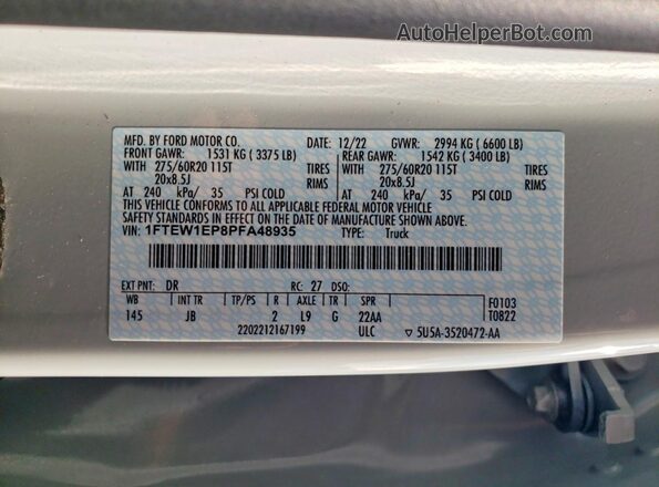 1FTEW1EP8PFA48935 2023 FORD F150 Gray Вид наклейки з VIN-кодом