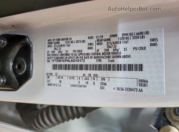 1FTEW1EP9LKD10172 2020 FORD F150 White Вид підкапотного простору