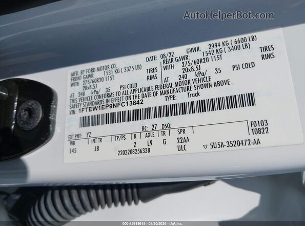 1FTEW1EP9NFC13842 2022 FORD F150 White Widok komory silnika