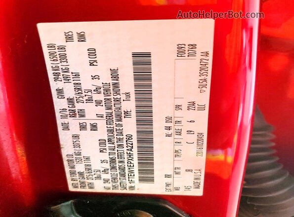 1FTEW1EPXHFA22760 2017 FORD F150 Red ძრავის განყოფილების ხედი