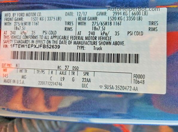 1FTEW1EPXJFB52639 2018 FORD F150 Blue Սալոնի հետևի տեսք