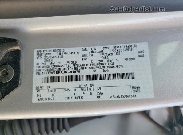 1FTEW1EPXJKC91970 2018 FORD F150 Silver Շարժիչի բաժամունքի տեսք