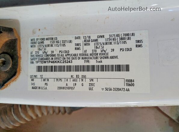 1FTEW1P46KKC25243 2019 FORD F150 White ძრავის განყოფილების ხედი