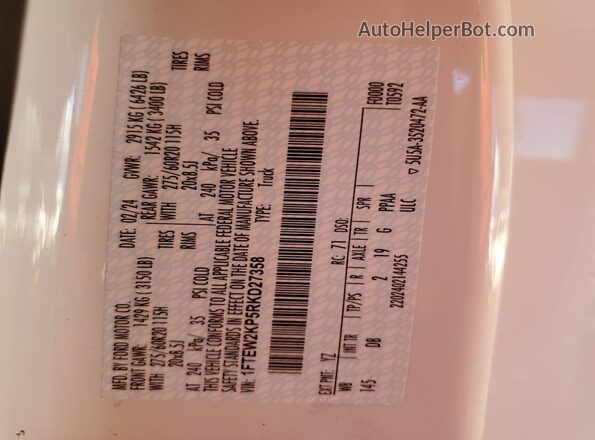 1FTEW2KP5RKD27358 2024 FORD F150 Белый Вид наклейки с VIN-кодом