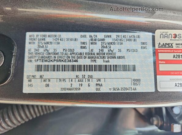 1FTEW2KP5RKE38346 2024 FORD F150 Gray Vista del compartimento del motor