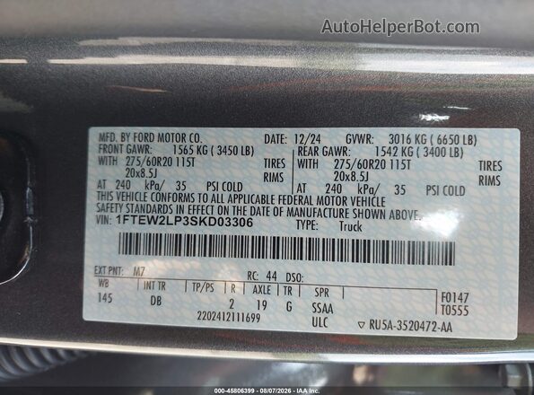 1FTEW2LP3SKD03306 2025 FORD F150 Серый Вид подкапотного пространства