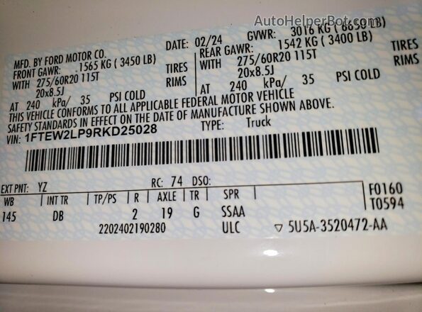 1FTEW2LP9RKD25028 2024 FORD F150 White Շարժիչի բաժամունքի տեսք