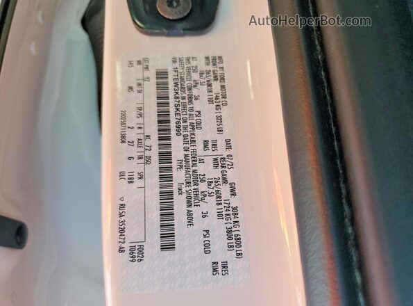 1FTEW3K87SKE76990 2025 FORD F150 White VIN კოდის სტიკერის ხედი