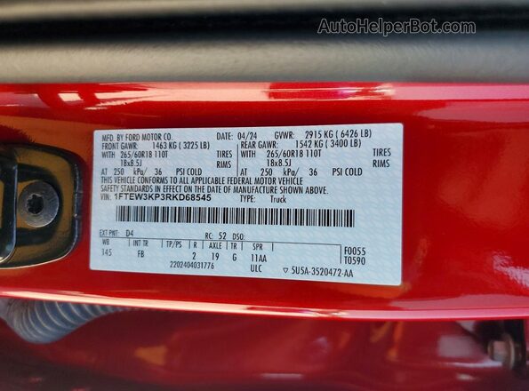 1FTEW3KP3RKD68545 2024 FORD F150 Red Widok naklejki z numerem VIN