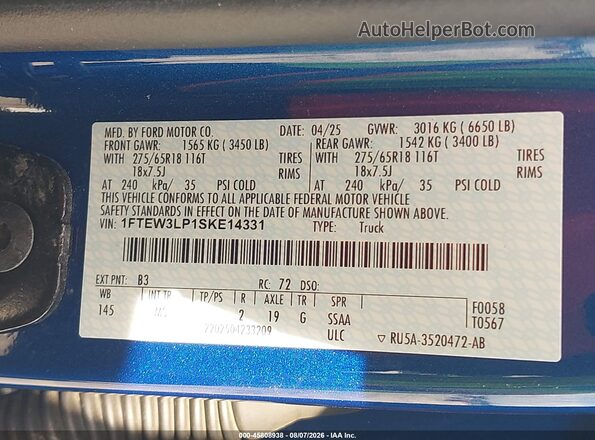 1FTEW3LP1SKE14331 2025 FORD F150 Blue Vista del compartimento del motor