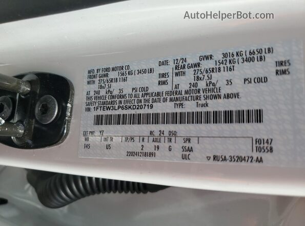 1FTEW3LP6SKD20719 2025 FORD F150 White Vista de la etiqueta del VIN