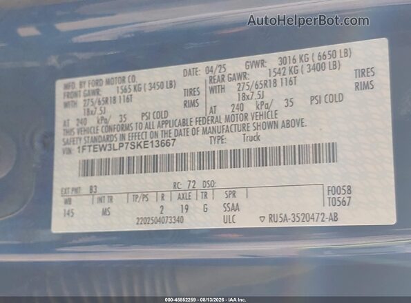1FTEW3LP7SKE13667 2025 FORD F150 Blue Vista del compartimento del motor