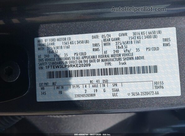1FTEW3LP9RKE20209 2024 FORD F150 Gray Շարժիչի բաժամունքի տեսք