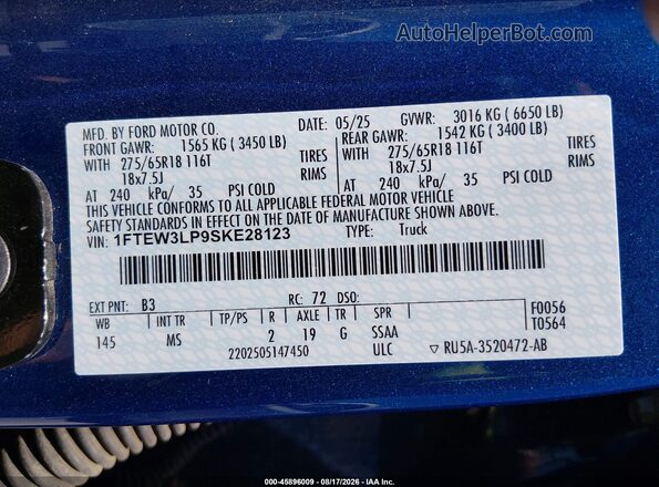 1FTEW3LP9SKE28123 2025 FORD F150 Blue Widok komory silnika