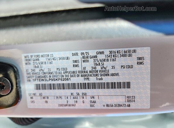 1FTEW3LP9SKF62081 2025 FORD F150 Gray Շարժիչի բաժամունքի տեսք
