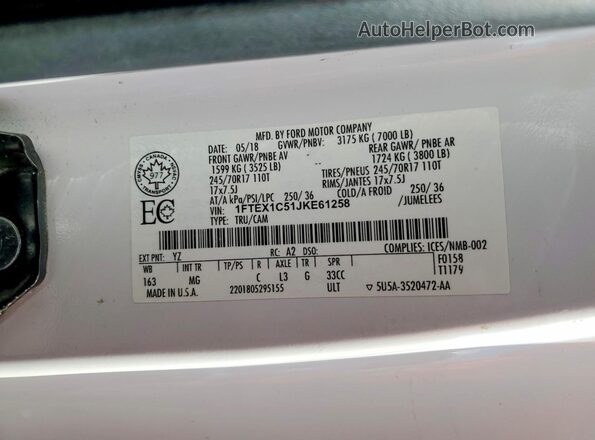 1FTEX1C51JKE61258 2018 FORD F150 Белый Вид подкапотного пространства