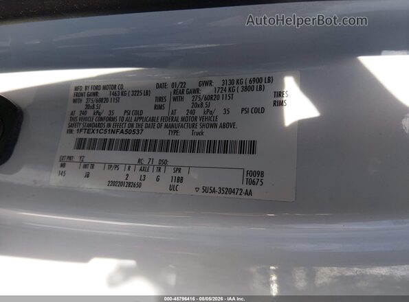 1FTEX1C51NFA50537 2022 FORD F150 White ძრავის განყოფილების ხედი