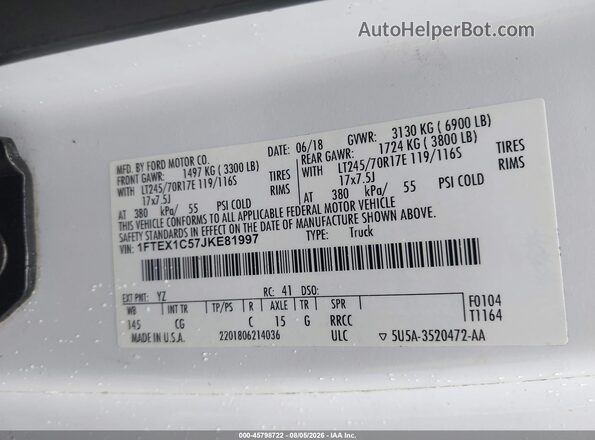 1FTEX1C57JKE81997 2018 FORD F150 White ძრავის განყოფილების ხედი