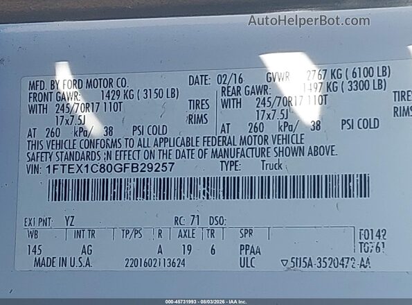 1FTEX1C80GFB29257 2016 FORD F150 White Engine compartment view