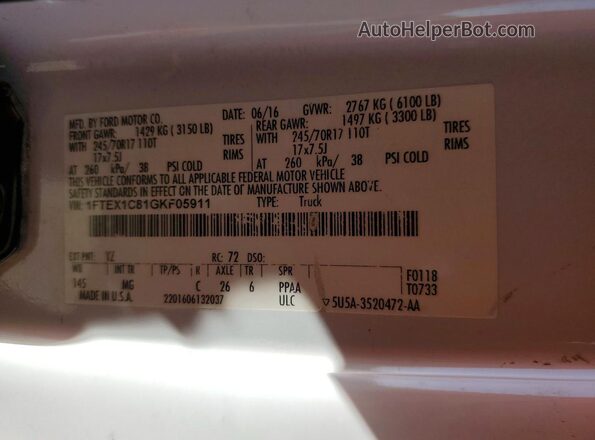 1FTEX1C81GKF05911 2016 FORD F150 White Շարժիչի բաժամունքի տեսք